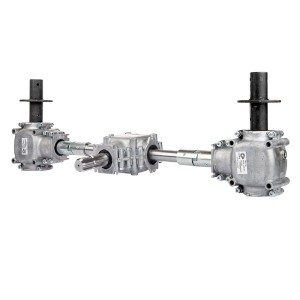 Zespół 3 przekładni aluminiowych rozsiewacza L:770 z systemem sprzęgieł zabezpieczających i mocowaniami