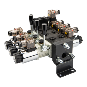 Rozdzielacz hydrauliczny 3 sekcyjny blokowy typu CETOP 40L/min sterowany elektrycznie + ręcznie