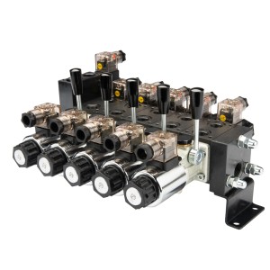 Rozdzielacz hydrauliczny 5 sekcyjny blokowy typu CETOP 40L/min sterowany elektrycznie + ręcznie