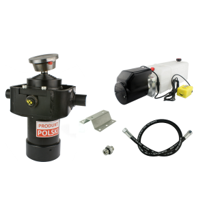 Hydraulika do przyczepy wywrotki, kipra. Zestaw do wywrotu: zasilacz 24V + siłownik z kołyską skok 1050 udźwig do 8 ton