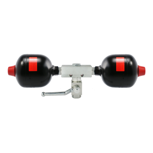 Hydroakumulator podwójny do tura ładowacza 1/2 pojemność: 2x0,5L ciśnienie naładowania: 30/70 bar w zestawie z blokiem łączącym i zaworem odcinającym kulowym