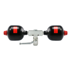 Hydroakumulator podwójny do tura pojemność: 2x1,4L ciśnienie naładowania: 30/70 bar w zestawie z blokiem łączącym i zaworem odcinającym kulowym