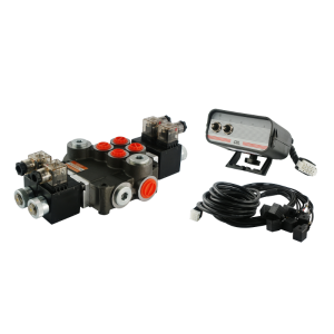 Rozdzielacz hydrauliczny 2 sekcyjny 80L/min sterowany elektrycznie 12V z panelem sterującym z dwoma przyciskami