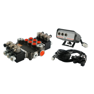 Rozdzielacz hydrauliczny 3 sekcyjny 80L/min sterowany elektrycznie 12V z panelem sterującym z trzema przyciskami