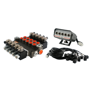 Rozdzielacz hydrauliczny 5 sekcyjny 80L/min sterowany elektrycznie 12V z panelem sterującym z pięcioma przyciskami