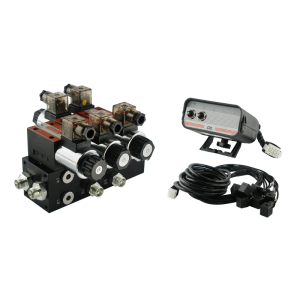 Rozdzielacz hydrauliczny 2 sekcyjny blokowy typu CETOP 03 NG6 sterowany elektrycznie 24V z panelem sterującym z dwoma przyciskami