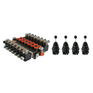 Rozdzielacz hydrauliczny 7 sekcyjny 40L/min sterowany elektrycznie 24V w zestawie z czterema joystickami elektrycznymi 5 pozycyjnymi