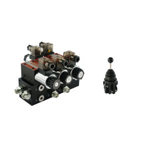 Rozdzielacz hydrauliczny 2 sekcyjny blokowy typu CETOP 03 NG6 sterowany elektrycznie 24V w zestawie z joystickiem elektrycznym 5 pozycyjnym 