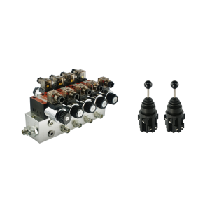 Rozdzielacz hydrauliczny 4 sekcyjny blokowy typu CETOP 03 NG6 sterowany elektrycznie 24V w zestawie z dwoma joystickami elektrycznymi 5 pozycyjnymi