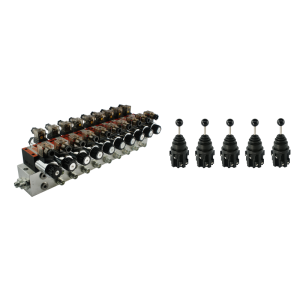 Rozdzielacz hydrauliczny 9 sekcyjny blokowy typu CETOP 03 NG6 sterowany elektrycznie 24V w zestawie z pięcioma joystickami elektrycznymi 5 pozycyjnymi