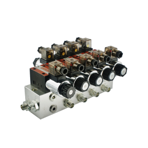Rozdzielacz hydrauliczny 4 sekcyjny blokowy typu CETOP 03 NG6 sterowany elektrycznie 24V