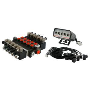 Rozdzielacz hydrauliczny 5 sekcyjny 40L/min sterowany elektrycznie 24V z panelem sterującym z pięcioma przyciskami