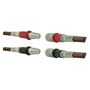 Dwa komplety szybkozłączy hydraulicznych 2x wtyczka + 2x gniazdo euro w zestawie z kolorowymi znacznikami. Gwinty zewnętrzne od strony przewodów M18x1.5.