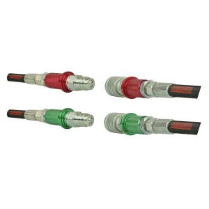 Dwa komplety szybkozłączy hydraulicznych 2x wtyczka + 2x gniazdo euro w zestawie z kolorowymi znacznikami. Gwinty zewnętrzne od strony przewodów M22x1.5.