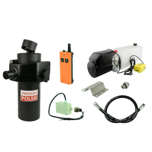 Hydraulika do przyczepy wywrotki, kipra. Zestaw do wywrotu: zasilacz 12V ze sterowaniem bezprzewodowym + siłownik z kołyską skok 1200 udźwig do 10 ton