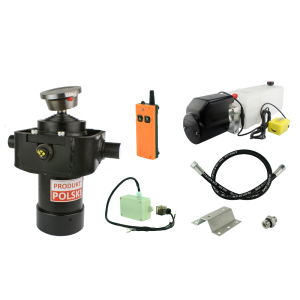 Hydraulika do przyczepy wywrotki, kipra. Zestaw do wywrotu: zasilacz 24V z kołyską ze sterowaniem bezprzewodowym + siłownik skok 1050 udźwig do 8 ton