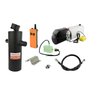 Hydraulika do przyczepy wywrotki, kipra. Zestaw do wywrotu: zasilacz 24V ze sterowaniem bezprzewodowym + siłownik skok 1200 udźwig do 10 ton