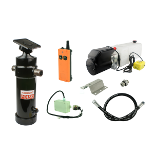 Hydraulika do przyczepy wywrotki, kipra. Zestaw do wywrotu: zasilacz 24V ze sterowaniem bezprzewodowym + siłownik skok 1300 udźwig do 8 ton