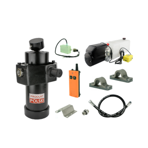 Hydraulika do przyczepy wywrotki, kipra. Zestaw do wywrotu: zasilacz 24V ze sterowaniem bezprzewodowym+ siłownik skok 1237 udźwig do 8 ton