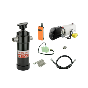 Hydraulika do przyczepy wywrotki, kipra. Zestaw do wywrotu: zasilacz 24V ze sterowaniem bezprzewodowym + siłownik skok 1432 udźwig do 12 ton
