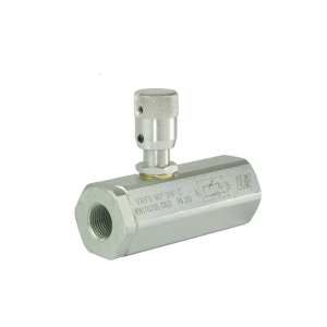 Zawór VRFU 90C z regulacją i kompensacją. Dławiący w jedną stronę gwinty: 3/8" przepływ: 17L/min ciśnienie max: 250bar