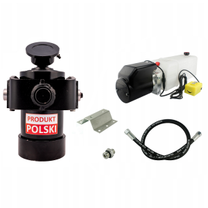 Hydraulika do przyczepy wywrotki, kipra. Zestaw do wywrotu: zasilacz 24V + siłownik z kołyską skok 1000 udźwig do 12 ton