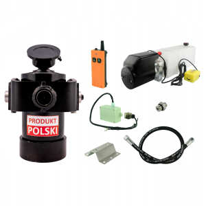 Hydraulika do przyczepy wywrotki, kipra. Zestaw do wywrotu: zasilacz 24V ze sterowaniem bezprzewodowym + siłownik z kołyską skok 1000 udźwig do 12 ton