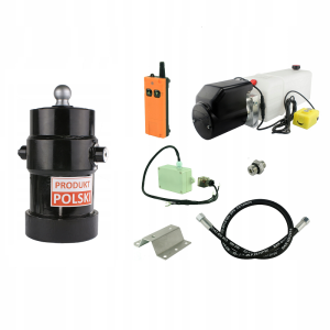 Hydraulika do przyczepy wywrotki, kipra. Zestaw do wywrotu: zasilacz 24V ze sterowaniem bezprzewodowym + siłownik skok 750 udźwig do 8 ton