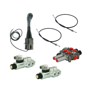 Zestaw hydrauliczny 4 sekcyjny: rozdzielacz 60L z sekcją pływającą + dwa elektrozawory 6/2 + joystick z dwoma przyciskami + dwie linki 2m