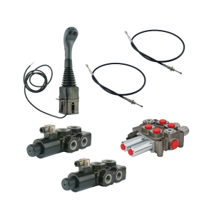 Zestaw hydrauliczny 4 sekcyjny: rozdzielacz 90L z sekcją pływającą + dwa elektrozawory 6/2 + joystick z dwoma przyciskami + dwie linki 2,5m