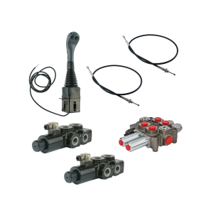 Zestaw hydrauliczny 4 sekcyjny: rozdzielacz 90L + dwa elektrozawory 6/2 + joystick z dwoma przyciskami + dwie linki 1,5m