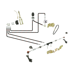 Wspomaganie kierownicy C-330 Premium z orbitrolem Danfoss - siłownik montowany do osi z podwójnym tłoczyskiem wysuwanym na dwie strony, napęd z koła pasowego (w miejsce sprężarki)