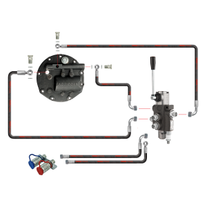 Rozdzielacz hydrauliczny 1 sekcyjny w zestawie ze wzmacnianą pompą i nowego typu pokrywą z wyjściem na rozdzielacz zewnętrzny oraz zestaw szybkozłączy EURO z mocowaniem i wężami do ciągnika Ursus C-360 C-360-3P