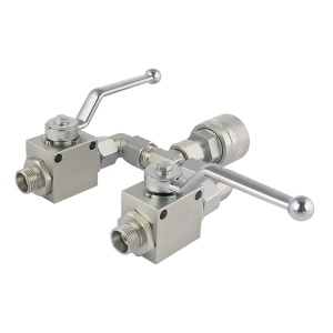 Rozdzielacz kulowy do rozsiewacza nawozów Amazone i Brzeg. Dwa zawory kulowe 2/2 M16x1.5 + szybkozłącze wtyczka skręcana M36x1.5