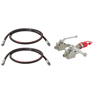 Rozdzielacz kulowy do rozsiewacza nawozów Amazone i Brzeg. Dwa zawory kulowe 2/2 + szybkozłącze wtyczka EURO + dwa węże 1500mm M18x1.5