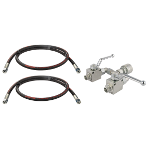 Rozdzielacz kulowy do rozsiewacza nawozów Amazone i Brzeg. Dwa zawory kulowe 2/2 + szybkozłącze wtyczka skręcana M36x1.5 + dwa węże 1500mm M14x1.5