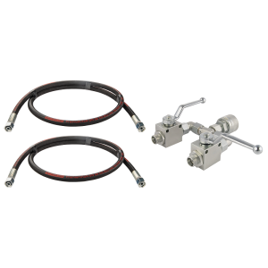 Rozdzielacz kulowy do rozsiewacza nawozów Amazone i Brzeg. Dwa zawory kulowe 2/2 + szybkozłącze wtyczka skręcana M36x1.5 + dwa węże 1500mm M18x1.5