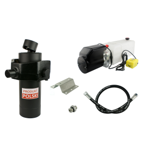 Hydraulika do przyczepy wywrotki, kipra. Zestaw do wywrotu: zasilacz 24V + siłownik z kołyską skok 1200 udźwig do 10 ton