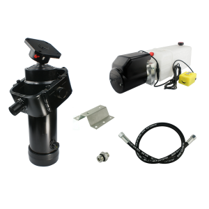 Hydraulika do przyczepy wywrotki, kipra. Zestaw do wywrotu: zasilacz 12V + siłownik z kołyską skok 1300 udźwig do 8 ton